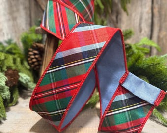 Cinta navideña tradicional a cuadros de 2,5", cinta con alambre, cinta navideña a cuadros roja y azul.