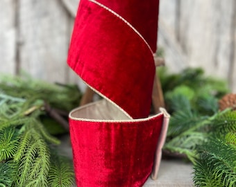 4" Red Plush Velvet RIbbon, Wired Ribbon, Red Velvet Ribbon, Christmas Ribbon, Holiday Ribbon, Red and Gold Velvet Ribbon, Red Wired Ribbon