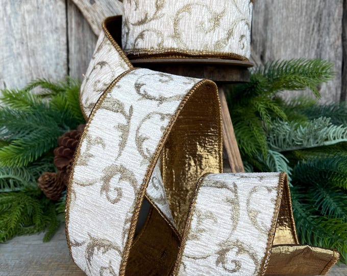 2.5" Ivory & Bronze Jacquard Ribbon, Ivory Christmas Tree Ribbon, 2.5" x 10 Yards
