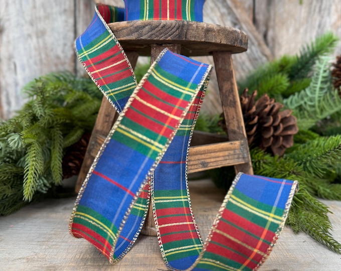 1.5" Blue Tartan Plaid Ribbon, Christmas Plaid Wired Ribbon, Blue Christmas Plaid RIbbon