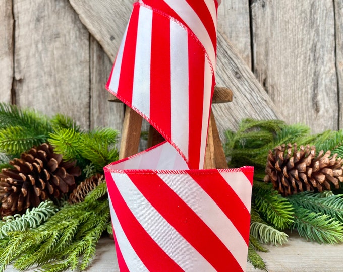 Red & White Diagonal Stripe Christmas Ribbon - 4" x 10 Yards - Wired Holiday Ribbon for DIY Crafts, Decorations, Wrapping