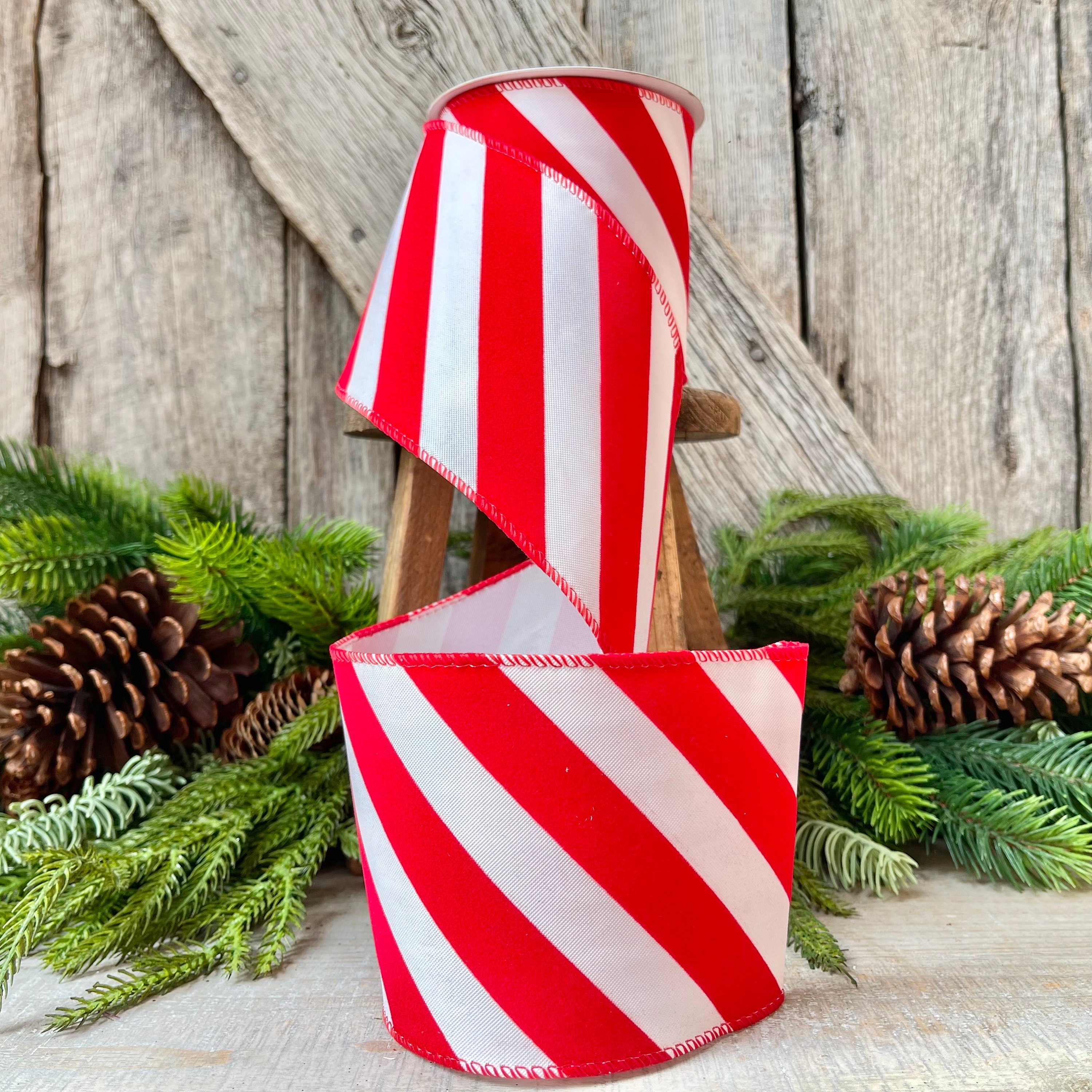 Candy cane stripes ribbon printed in red on 5/8 white single face satin,  10 Yards