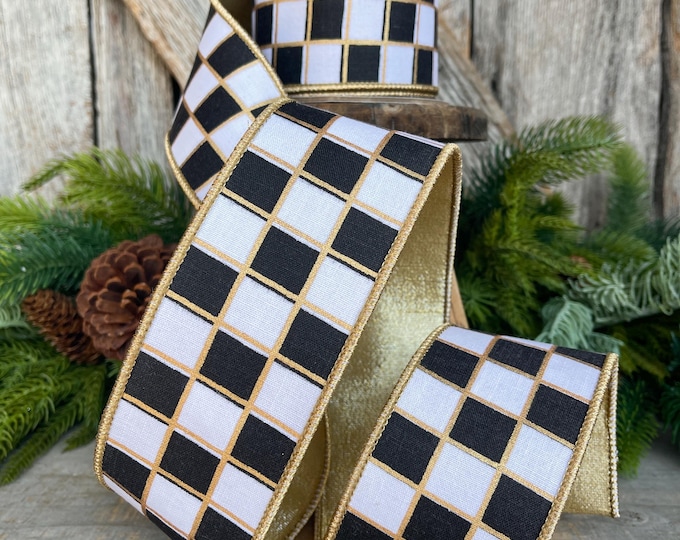 2.5" Black and White Check Ribbon, Christmas Ribbon