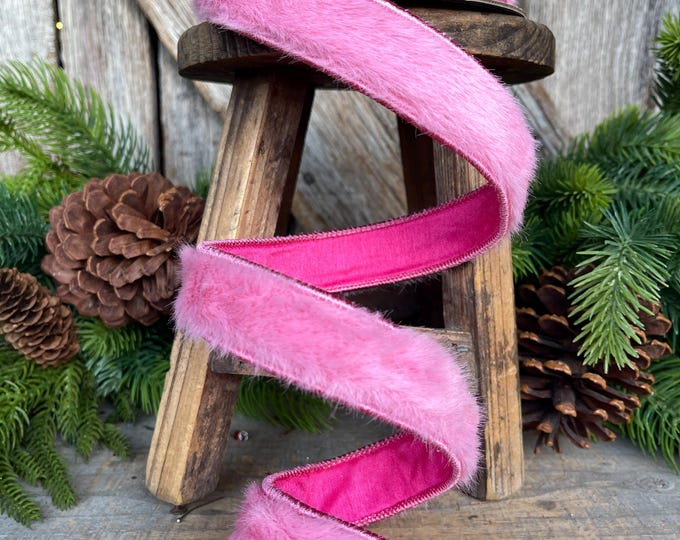 1" Pink Fur Ribbon, Bubblegum Pink Fur Ribbon Trim, Pink Christmas RIbbon, Nancy Brown Ribbon
