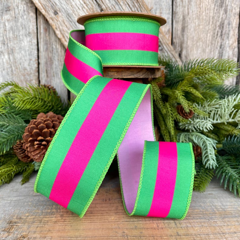 Pink Ribbon Xmas Kelly Green & Hot Pink Ribbon, Christmas Ribbon, 2.5