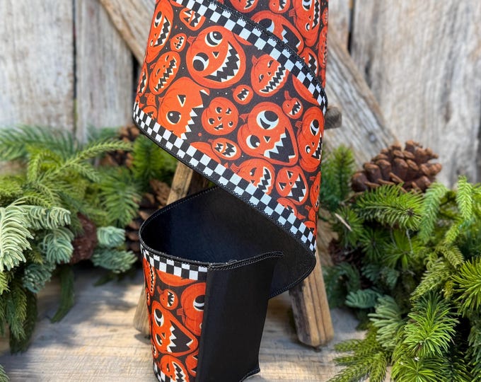 4" Jack O Lantern Ribbon, Halloween Ribbon, Pumpkin Ribbon