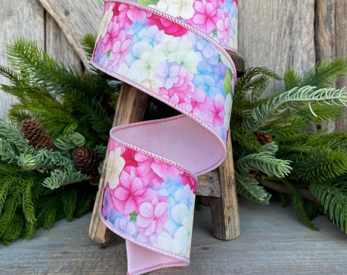 2.5" Hydrangea Ribbon, Farrisilk Ribbon, Spring Ribbon, Floral Ribbon, Wired Ribbon, Easter Ribbon, Pink, SR034-32