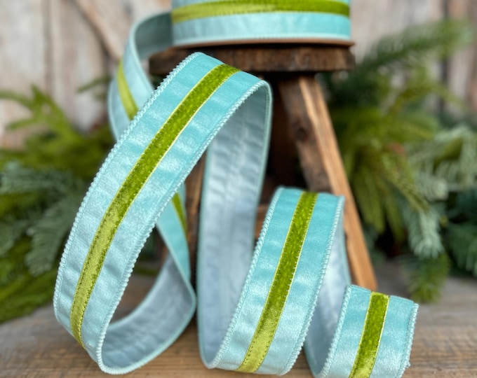 1.5” Blue Velvet Wired Ribbon with Green Trim – Designer Spring Ribbon