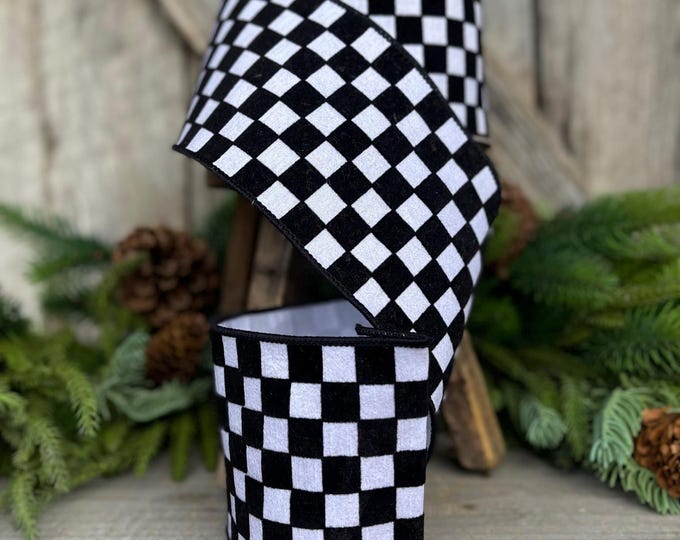 4" Black and White Retro Checks Ribbon, Farrisilk Ribbon, Flocked Ribbon,Halloween Ribbon, Wired RIbbon,Designer Ribbon, Wreath, RK590-92