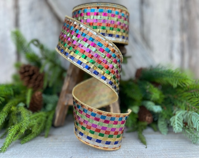2.5" Tinsel Checks Ribbon, Farrisilk Ribbon, Rainbow Ribbon, Colorful Ribbon, Christmas Ribbon, Christmas Tree Ribbon, Designer Ribbon