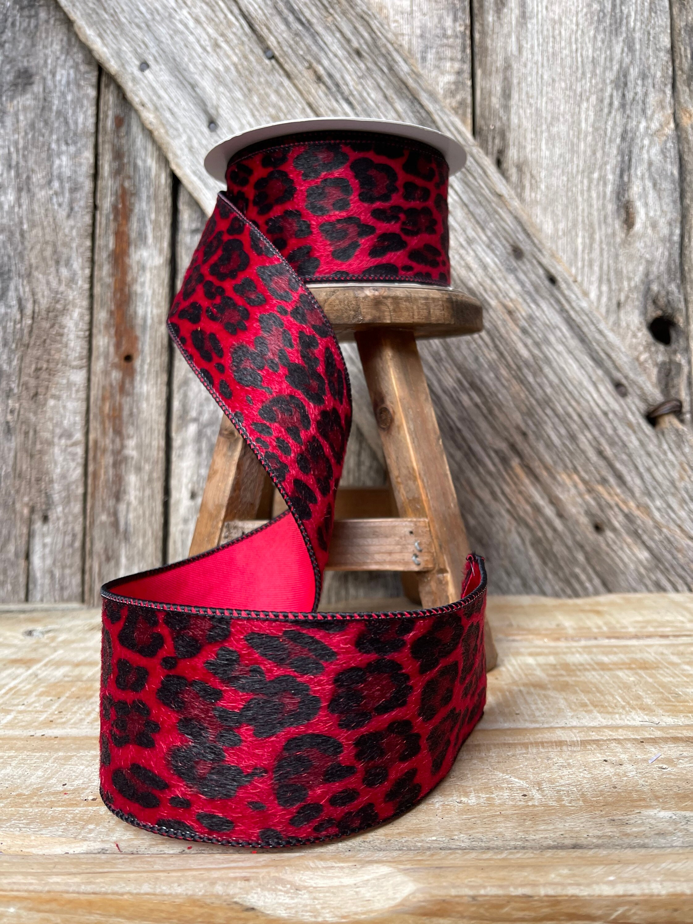 Leopard ribbon, red leopard ribbon, wired ribbon, 2.5 inch ribbon