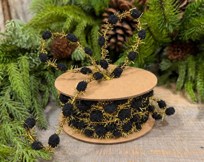 3/8" Black Pom Pom Tinsel Garland, Gold Metallic, 10 Yard Roll