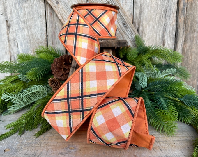 Candy Corn Plaid Wired Ribbon: Halloween Fall Decor, 2.5" x 10 Yards