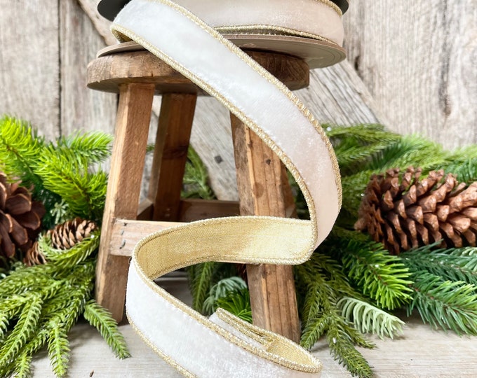 1" White Velvet with Gold Backing, D. Stevens velvet ribbon, wired ribbon, Designer RIbbon, Christmas RIbbon, Christmas Velvet, Ribbon