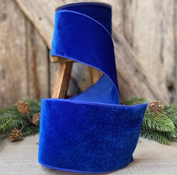 Wired Blue Velvet Ribbon, Royal Blue Velvet Ribbon for Wreaths and Bows,  Blue Farrisilk Ribbon 4 X 10 Yard Roll 