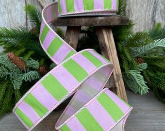 1.5" Pink Green Stripe Ribbon, Wired RIbbon, Pink Wired RIbbon, SPring Ribbon, 2 Tone Ribbon, Pink Ribbon, Designer Ribbon, 94544W-153-09F