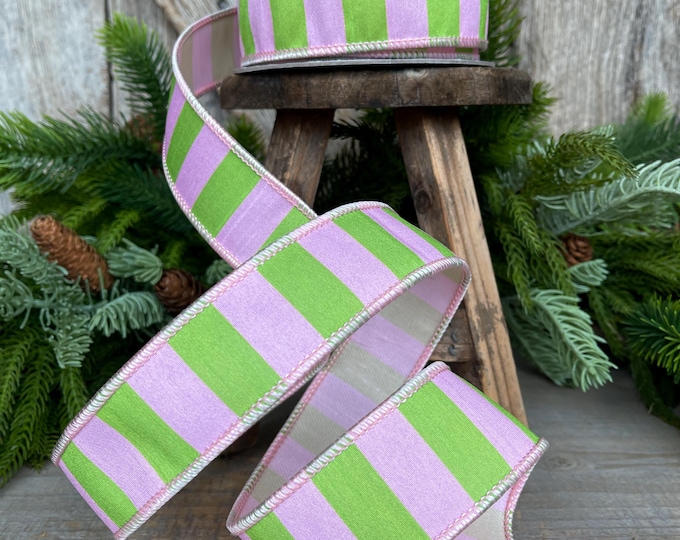 1.5" Pink Green Stripe Ribbon, Wired RIbbon, Pink Wired RIbbon, SPring Ribbon, 2 Tone Ribbon, Pink Ribbon, Designer Ribbon, 94544W-153-09F