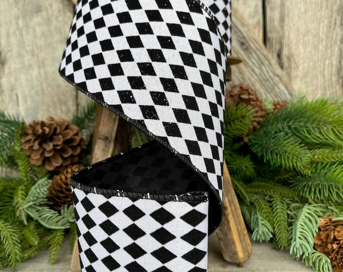 4" Black White Harlequin Ribbon, Flocked RIbbon, Halloween Ribbon, Harlequin Ribbon, Glittered Harlequin Ribbon, Wired Ribbon