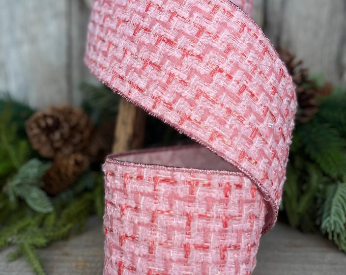 4" Pink Tweed Ribbon, Pink Christmas Ribbon, Designer Ribbon, Pink Christmas Tree Ribbon, Pink Tweed Design Inspired RIbbon