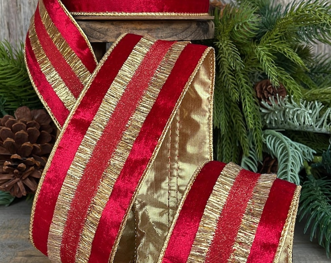 Red & Gold Tassel Wired Christmas Ribbon, Red Velvet Ribbon - 2.5" x 10 Yards
