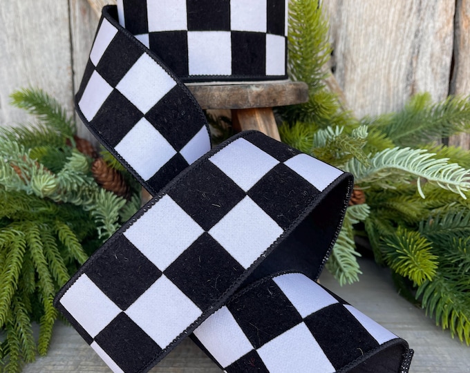2.5" Black White Maxi Check Ribbon, Wired Ribbon, Farrisilk Ribbon, Black White Check Ribbon, SR006-92