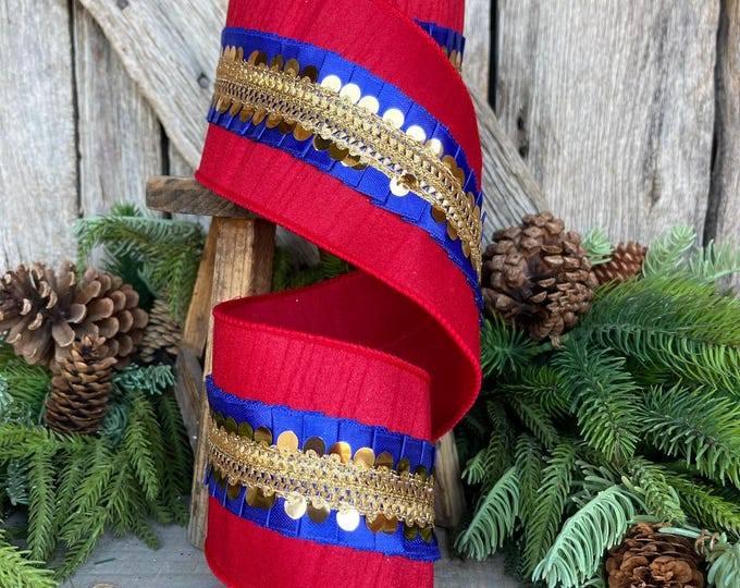 4" Red Blue Nutcracker Frills, Farrisilk RIbbon, Wired RIbbon, Christmas Ribbon, Red Blue Ribbon, Designer Ribbon, RK731-02
