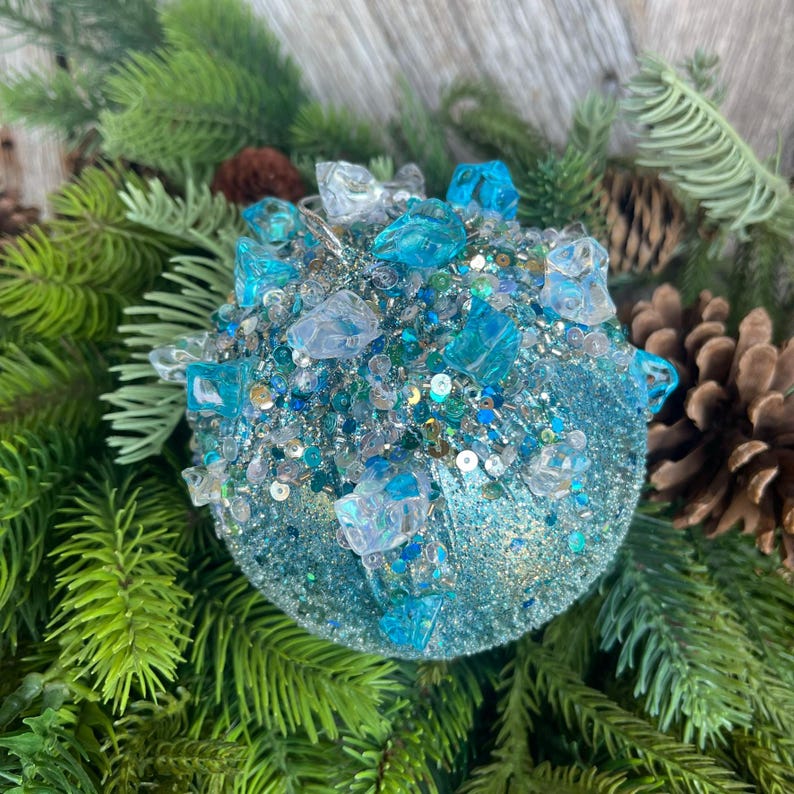 5 Blue Sugar Crystal Bejeweled Ornament, Blue Ornament, Farrisilk