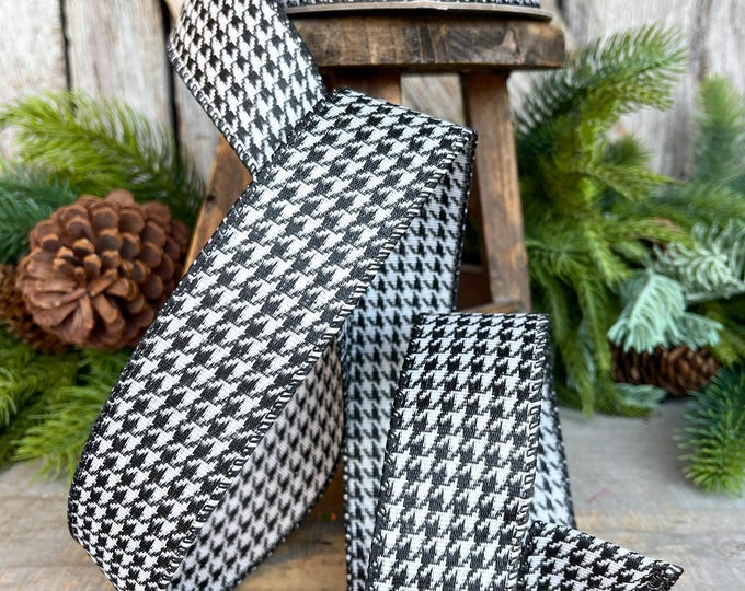 1.5" Black and White Houndstooth ribbon, Christmas Ribbon, Gift Wrap Ribbon, Wired Ribbon