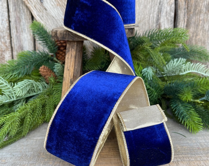 2.5" Cobalt Blue Velvet Wired Ribbon, 5 Yards Velvet, Royal Blue Christmas Velvet RIbbon, Blue and Gold Velvet Ribbon, Wired Ribbon