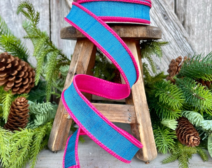 1" Turquoise and Pink Contrast Taffeta, Farrisilk Ribbon, Wired Ribbon, Pink Ribbon, Turquoise Ribbon, Wired Ribbon, Bright Ribbon, Wreath