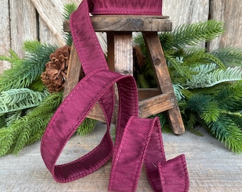 1” Wine Berry Dupioni Ribbon, Dupioni ribbon, wired ribbon, Christmas Ribbon, Deep Burgandy Ribbon, Plum colored ribbon