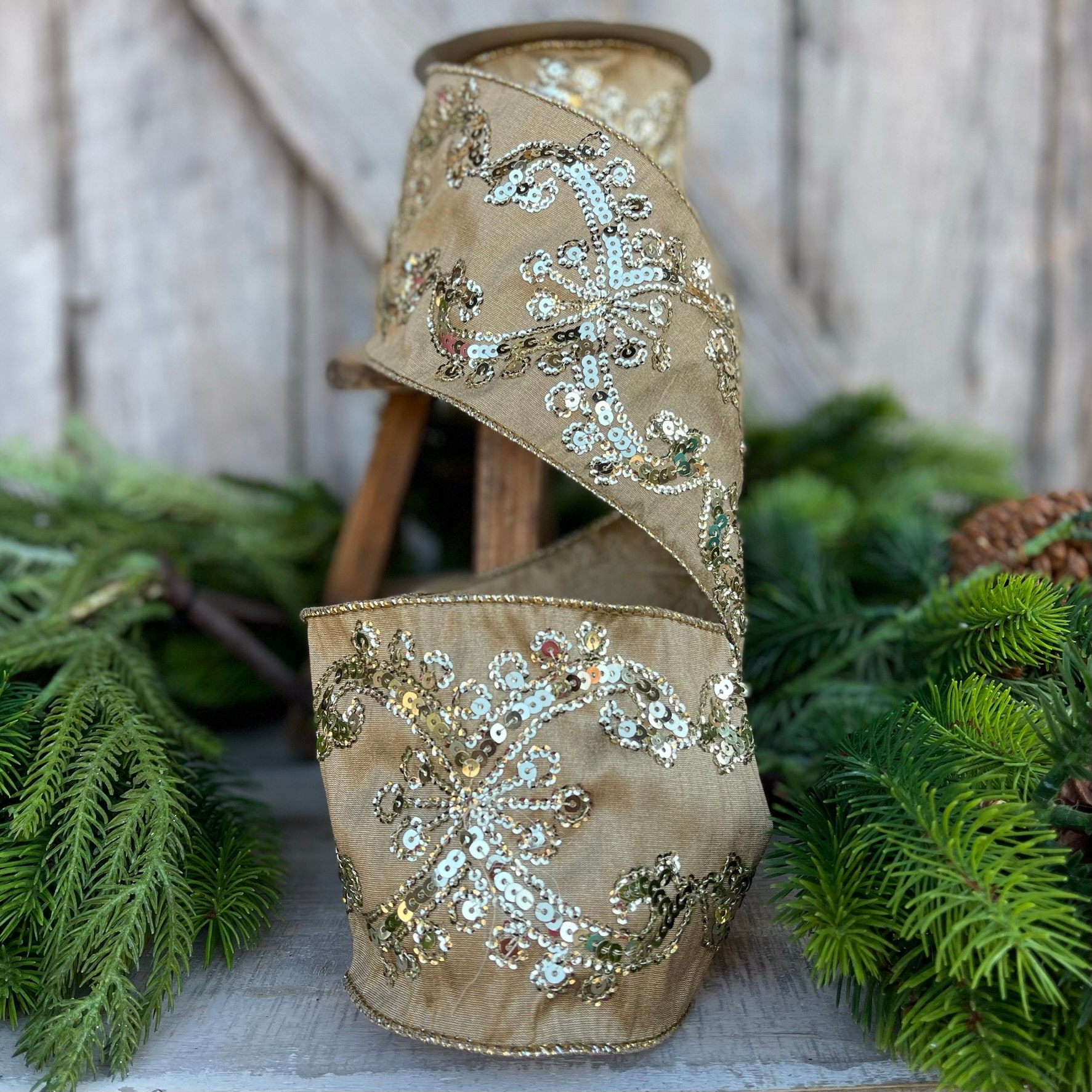 4 Gold Sequin Ribbon, 4 inch Wired Christmas Ribbon, Gold Sequin Ribbon ...