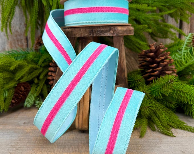1.5” Blue Velvet Wired Ribbon with Hot Pink Trim, Velvet Stripe Ribbon