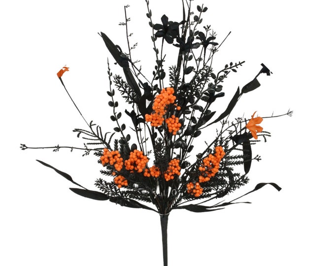 24" Halloween Spray, 60919, Orange Black MIxed Leaf Spray, Halloween Greenery, 63526-OR
