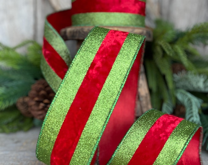 2.5" Red & Lime Green Velvet Ribbon, Whimsical Christmas Ribbon