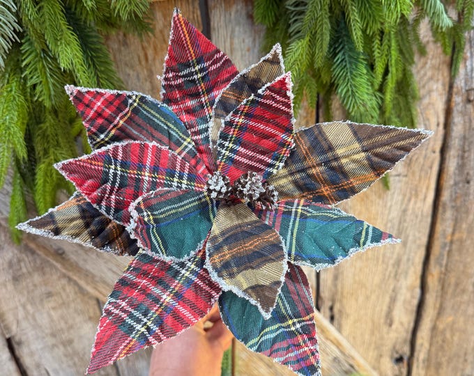 21" Cozy Christmas Plaid Poinsettia Stem