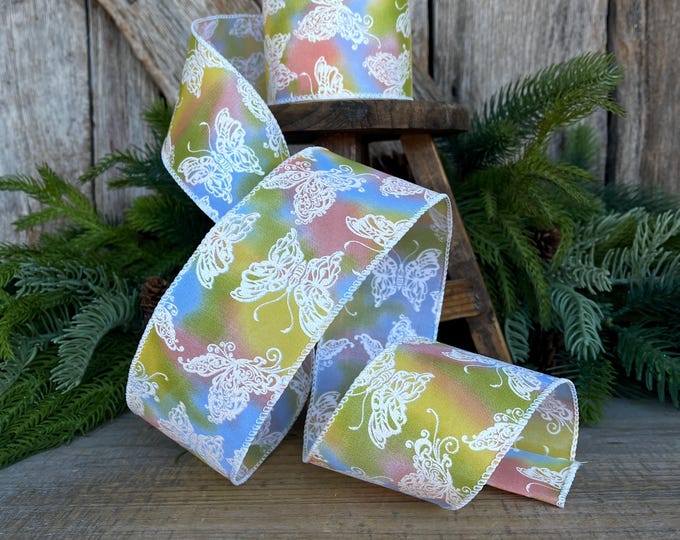 2.5" Pastel Butterfly Wired Ribbon, 10 Yards