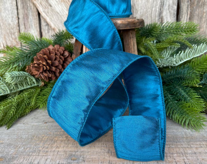 2.5" Turquoise Dupioni Ribbon, wired ribbon, Christmas Ribbon, Jewel Tone Ribbon, Turquoise ribbon, Teal Ribbon