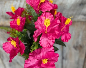 28" Hot Pink Hibiscus Bush, Artificial Stem, Hibiscus Spray, Summer Floral Stems, Wedding Bouquet, Hot Pink Floral, 41115