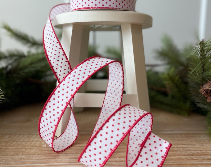 7/8" Red Ribbon, Red Swiss Dots Ribbon, Narrow RIbbon, Wired Ribbon, Craft Supply, Wreath Supply, Ribbon for Bows, Wreath Ribbon