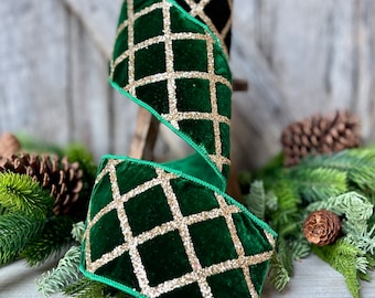4" Emerald Green Velvet Ribbon, Green & Gold Velvet Ribbon, Christmas Ribbon