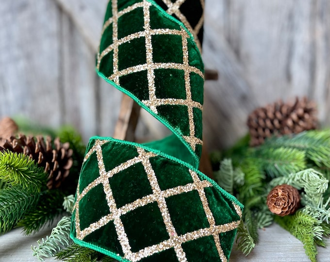 4" Emerald Green Velvet Ribbon, Green & Gold Velvet Ribbon, Christmas Ribbon