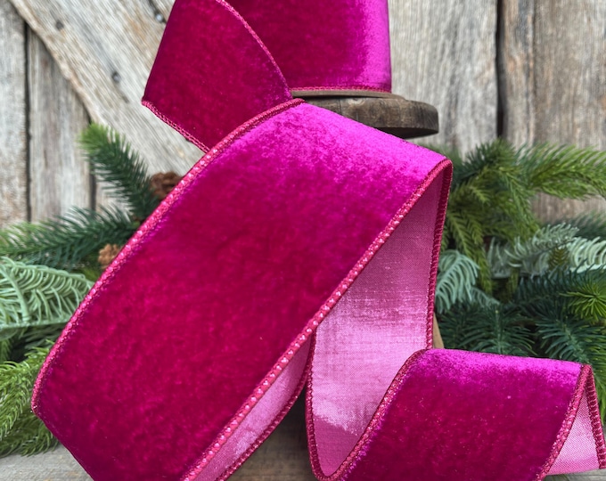 2.5" Hot Pink Velvet Ribbon, Wired Ribbon, Christmas Ribbon, Pink Christmas Velvet, Christmas Tree Ribbon, Pink Ribbon