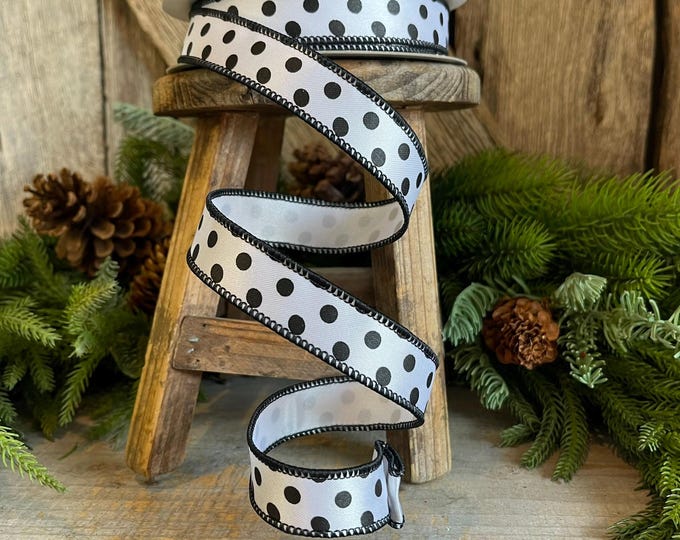 1" White & Black Mini Dots, Farrisilk Ribbon, Polka Dot RIbbon, Wired Ribbon, Designer RIbbon, Mini Dots, Black Polka Dots, RD867-43