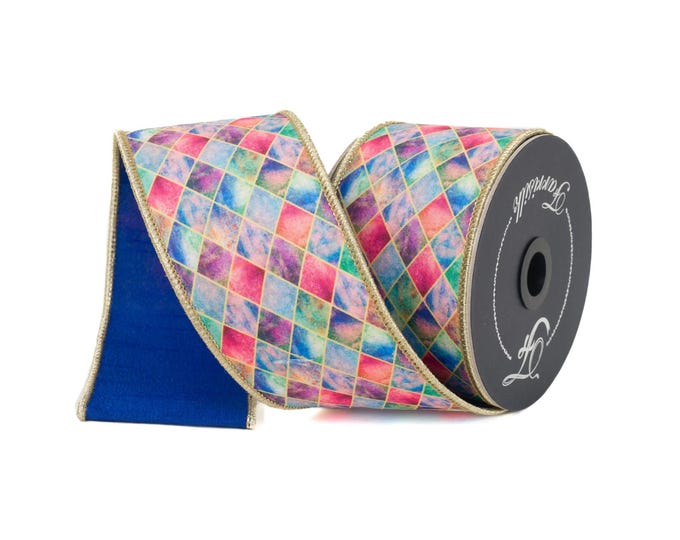 2.5" Harlequin Panes Ribbon, Jewel Toned Ribbon, Farrisilk ribbon, Wired Ribbon, Multi colored ribbon, wreath supply, designer, SR005-32