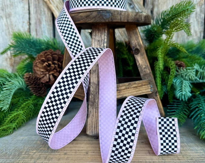 1" Black White Check Ribbon with Pink Trim