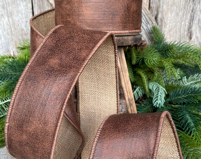 2.5" Brown Leather Ribbon, Wired Ribbon, Rustic Ribbon, Christmas Ribbon, Faux Leather Ribbon