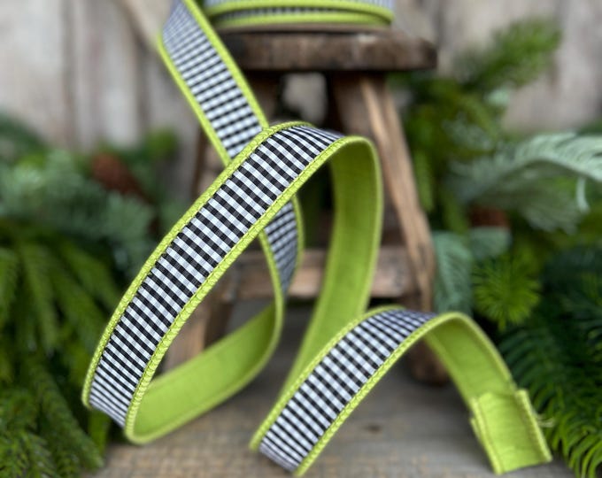 1" Lime Green & Black White Mini Checkered Ribbon, D Stevens Ribbon, Check Ribbon, Narrow Ribbon, Designer RIbbon, Wreath Supply,87-1637