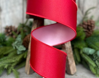 2.5 Red Pink Satin Duo Ribbon, Farrisilk Ribbon, Christmas Ribbon, Double Sided Ribbon, Wired RIbbon, Designer Ribbon, RS163-02
