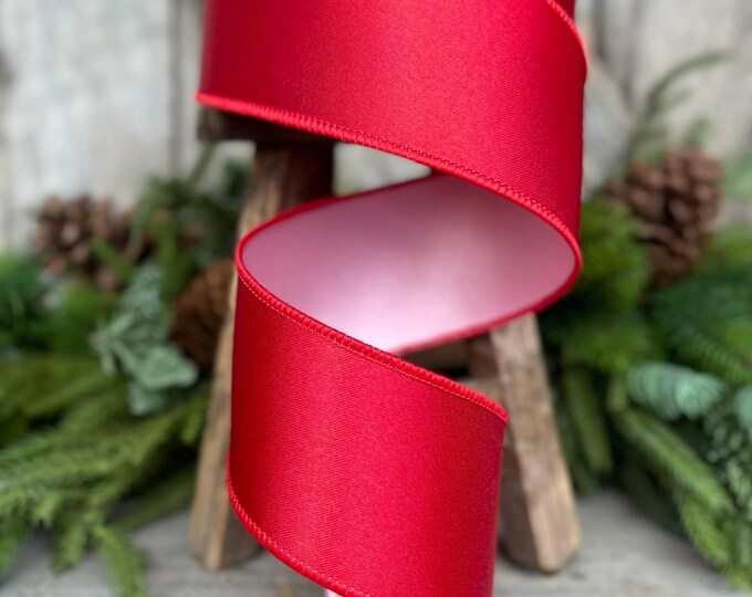 2.5 Red Pink Satin Duo Ribbon, Farrisilk Ribbon, Christmas Ribbon, Double Sided Ribbon, Wired RIbbon, Designer Ribbon, RS163-02